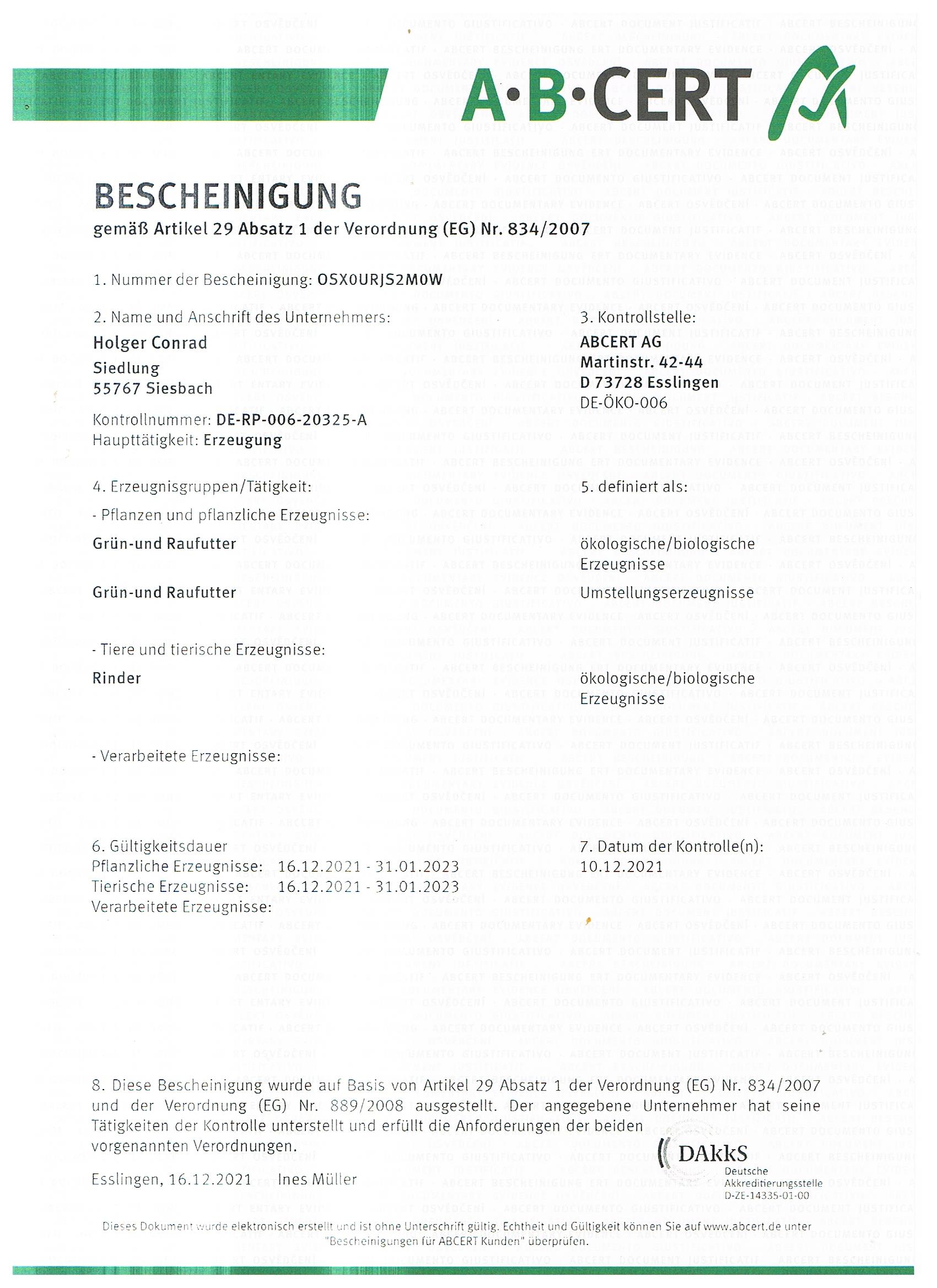 Bio Zertifikat Landwirtschaftlicher Betrieb Holger Conrad