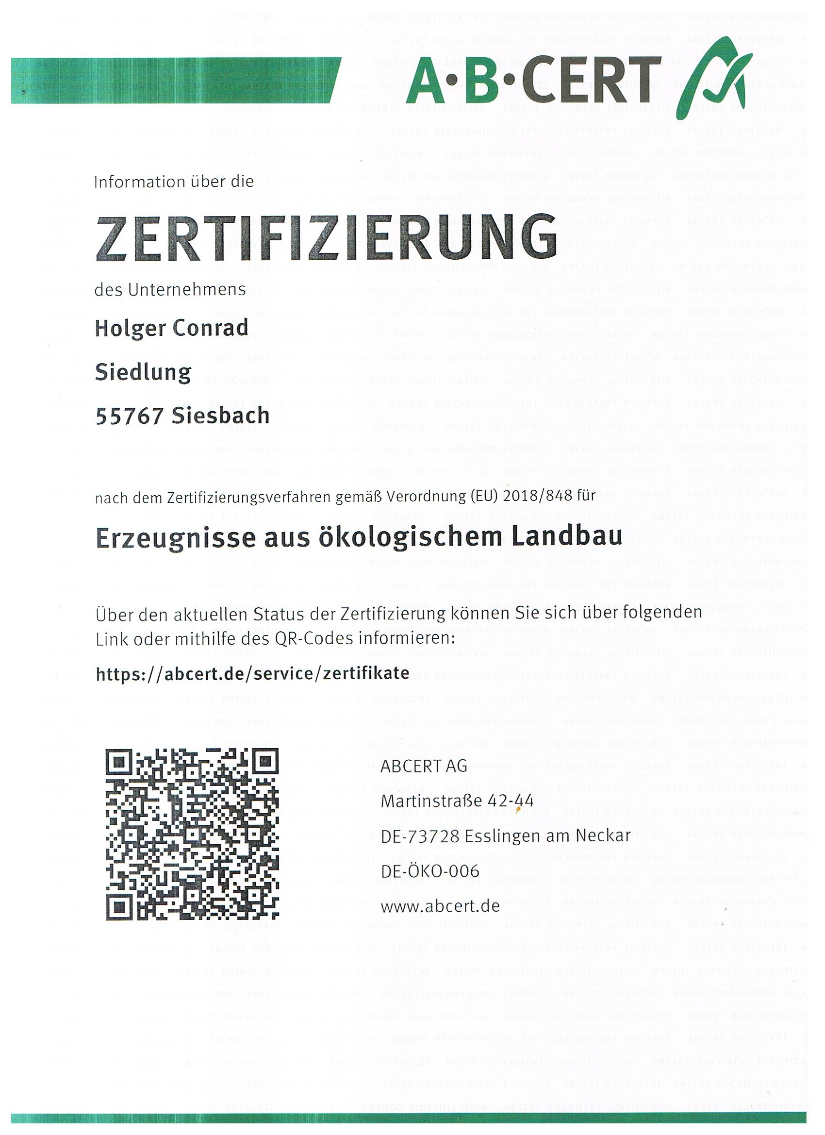Bio Zertifikat Landwirtschaftlicher Betrieb Holger Conrad